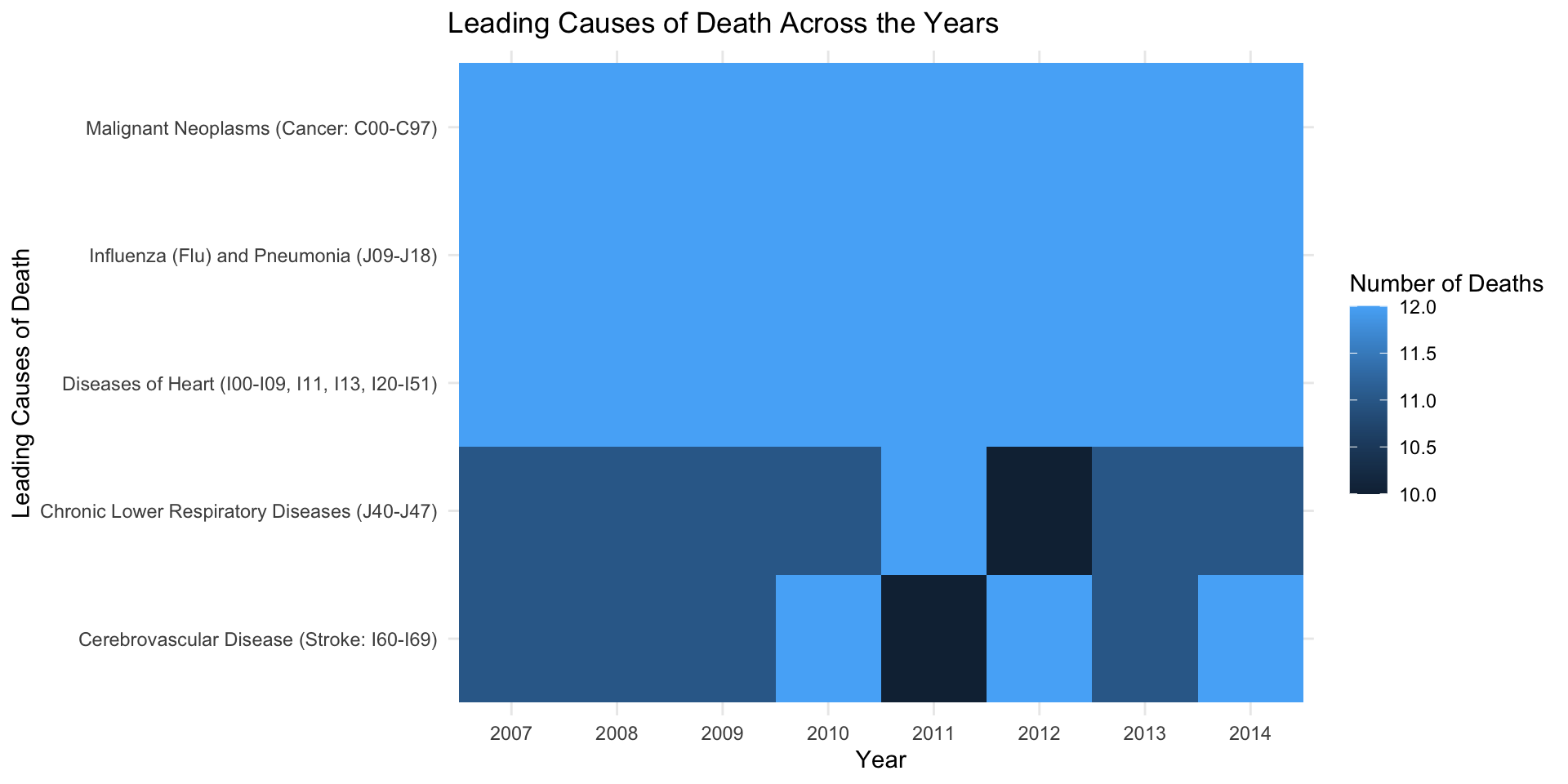 This is a Heatmap that conveys 5 of the leading causes of death over the years